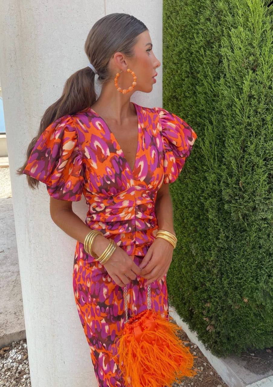 Celine™ | Colourful Midi Dress with Pleated Sleeves