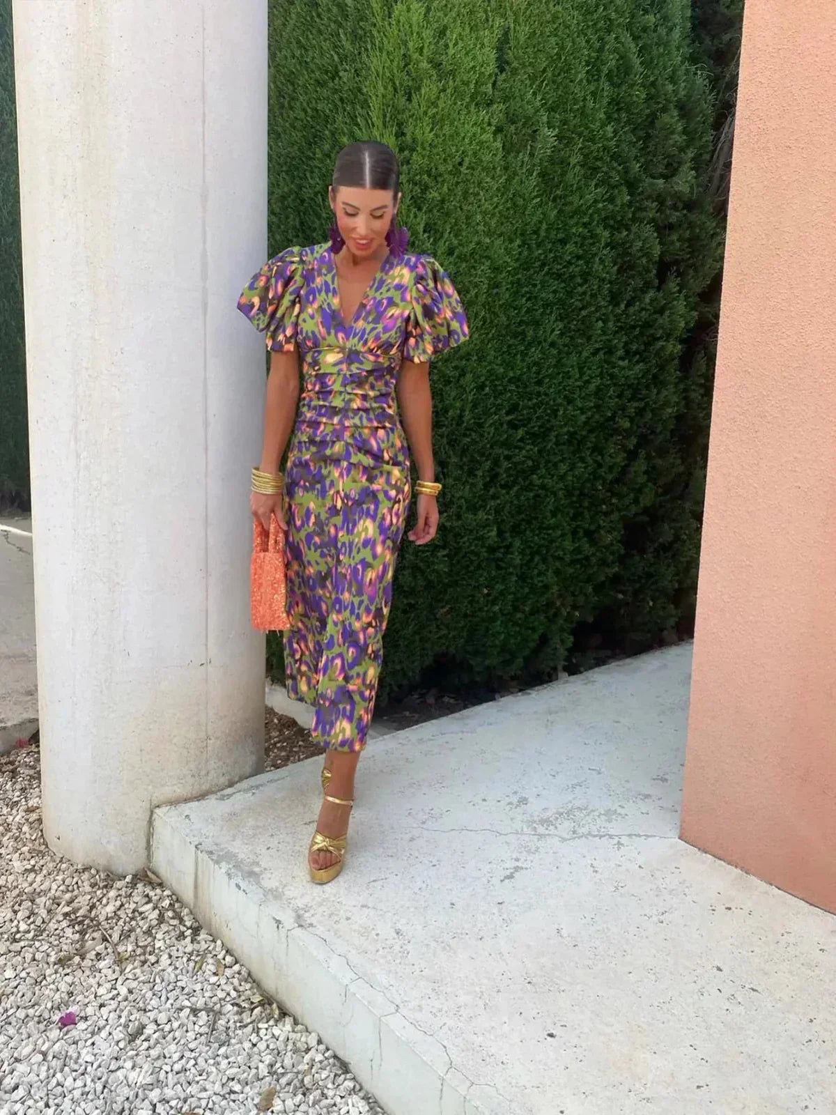 Celine™ | Colourful Midi Dress with Pleated Sleeves
