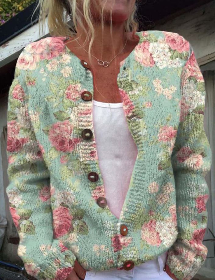 Liora | Elegant green cardigan with floral print