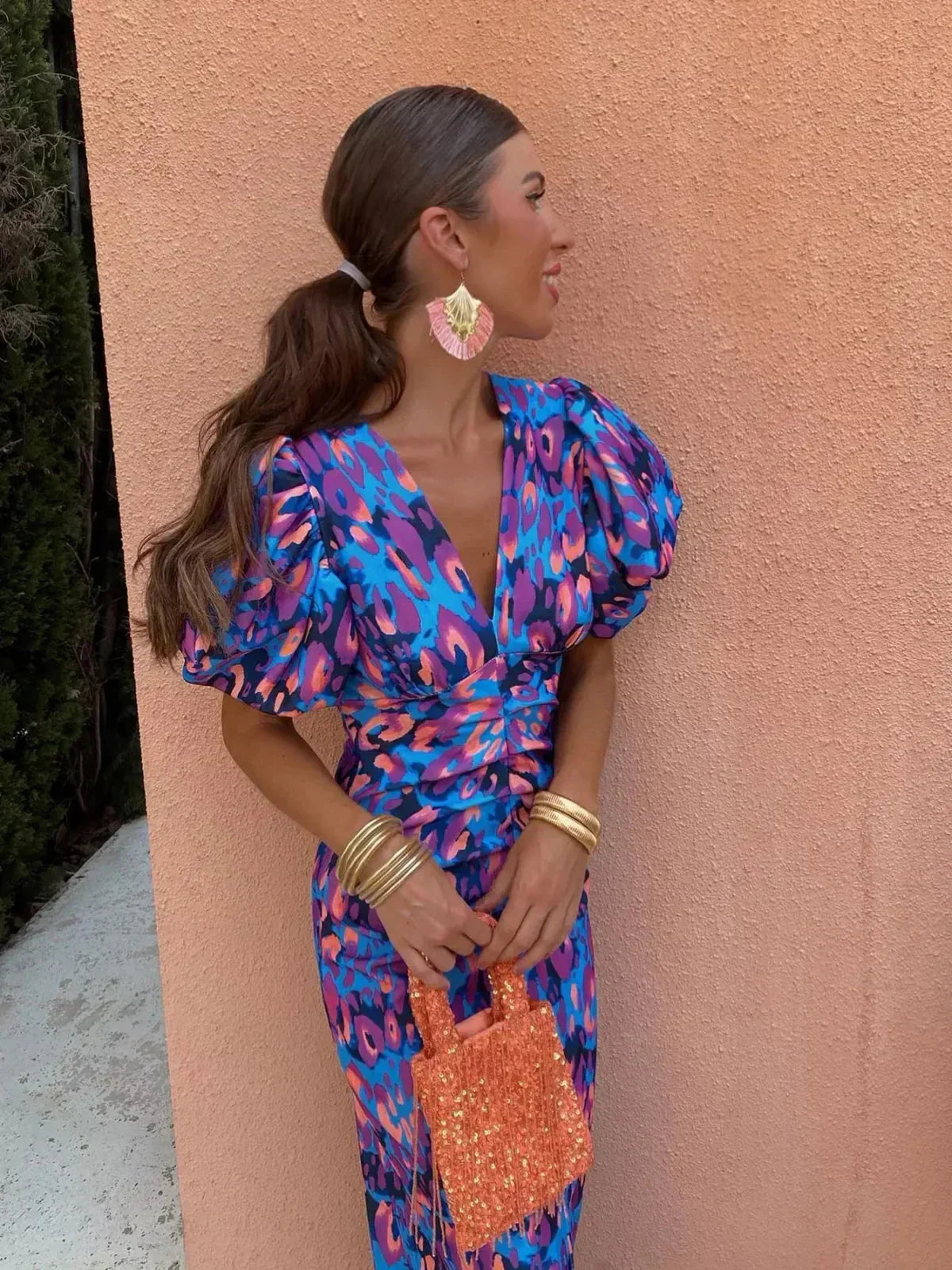 Celine™ | Colourful Midi Dress with Pleated Sleeves
