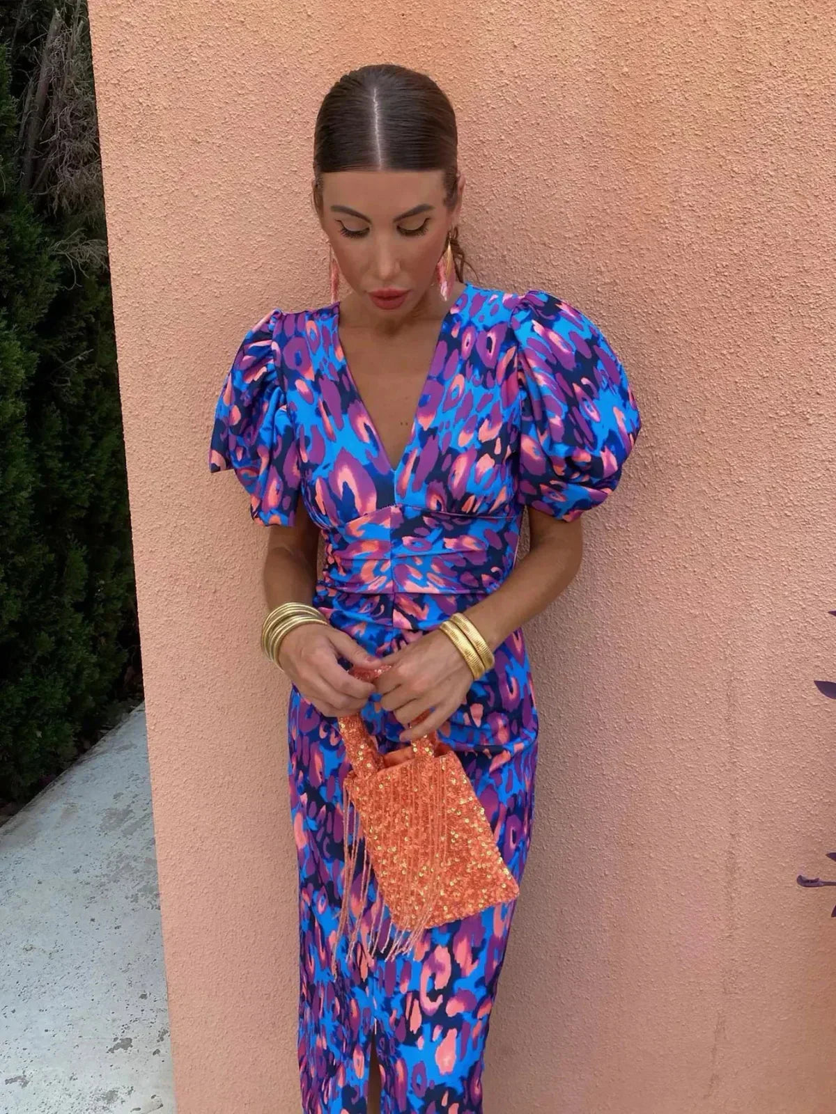 Celine™ | Colourful Midi Dress with Pleated Sleeves