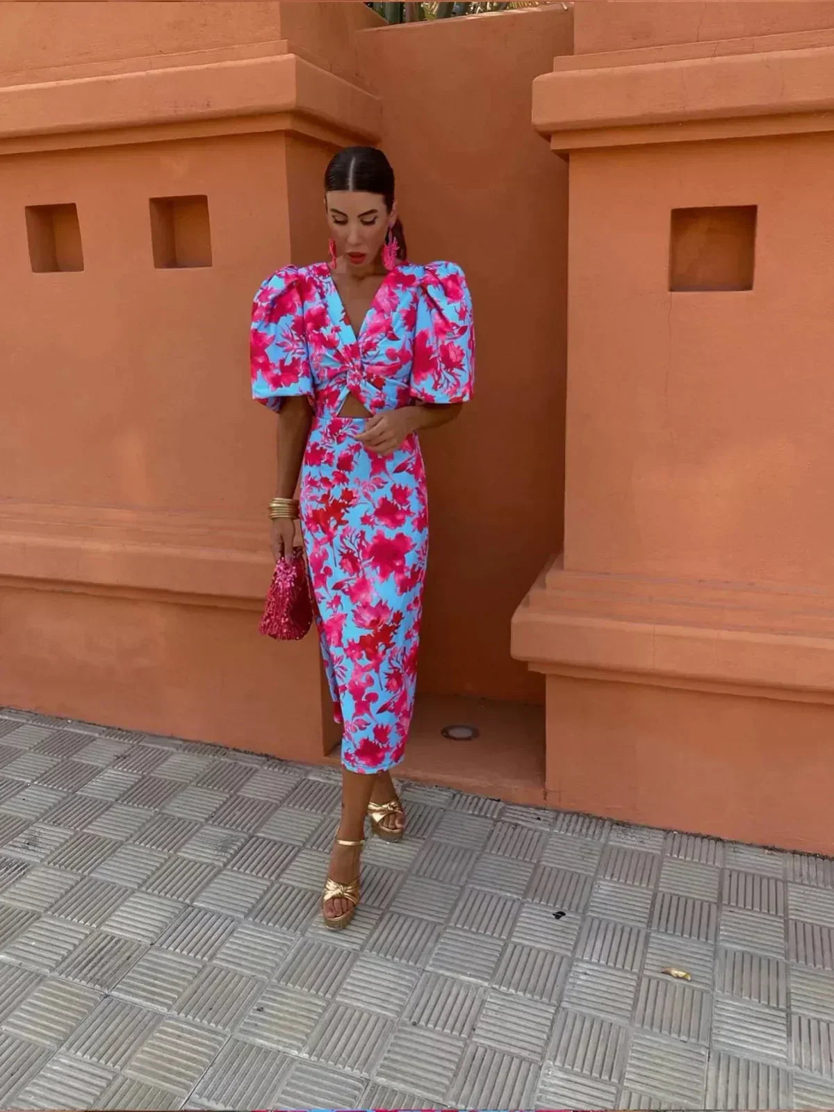Celine™ | Colourful Midi Dress with Pleated Sleeves